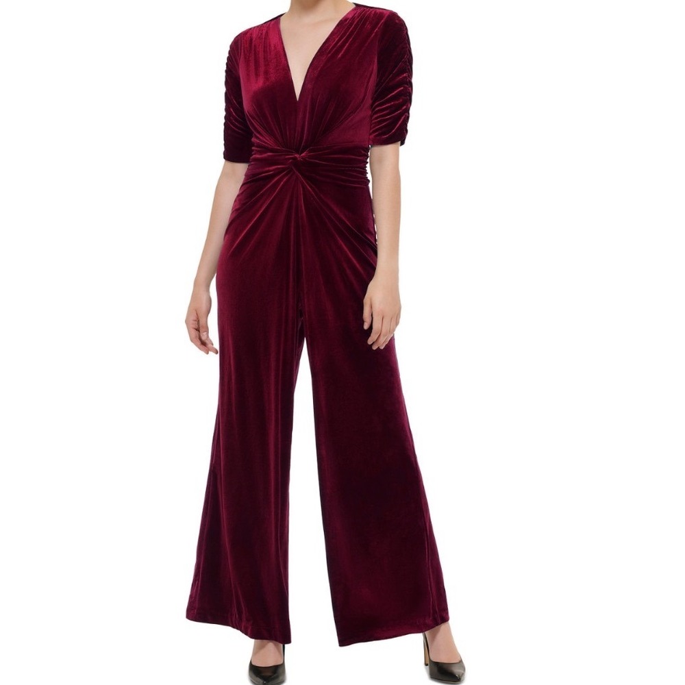 Vince Camuto Womens V-Neck Twist Front Velvet Jumpsuit Burgundy Size 10 Holiday